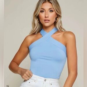 Sky Blue Cross Halter Bodysuit
